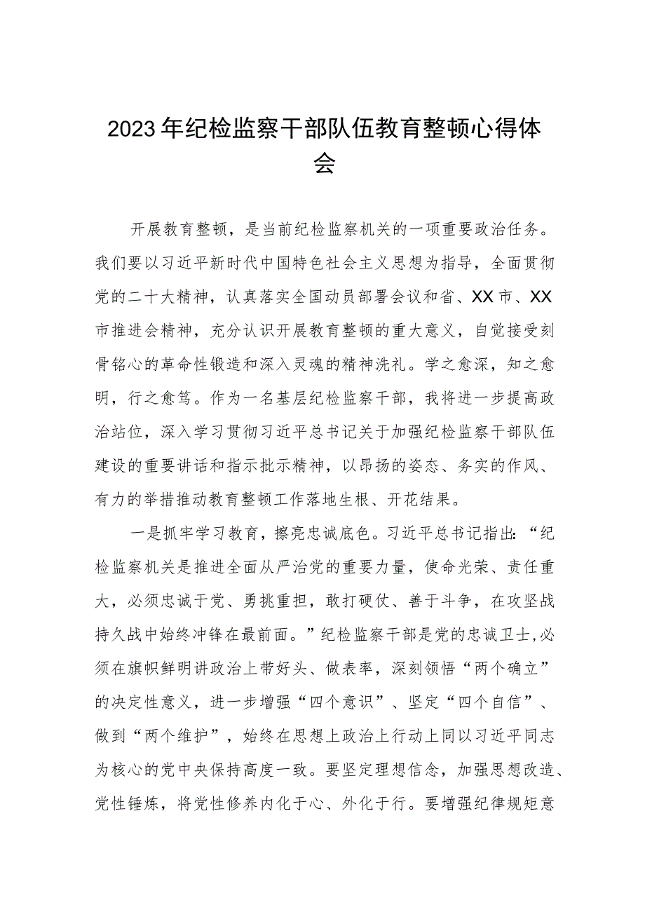 纪检干部关于2023年全国纪检监察干部队伍教育整顿的心得体会7篇.docx_第1页