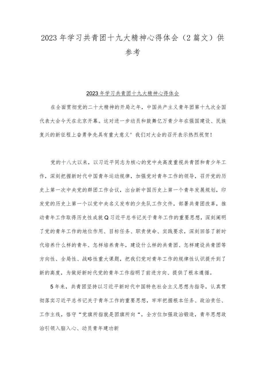 2023年学习共青团十九大精神心得体会（2篇文）供参考.docx_第1页