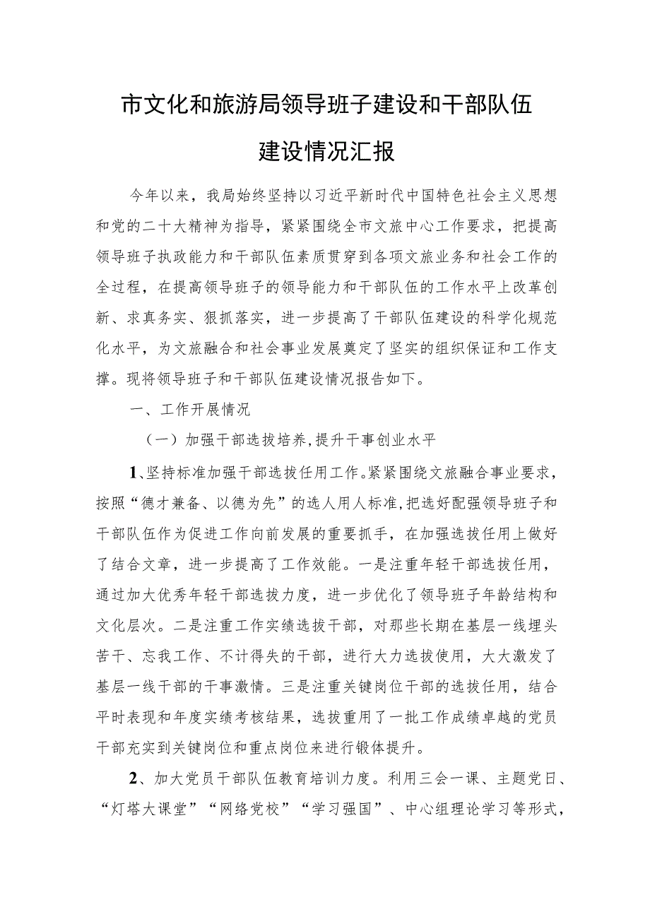 市文化和旅游局领导班子建设和干部队伍建设情况汇报.docx_第1页