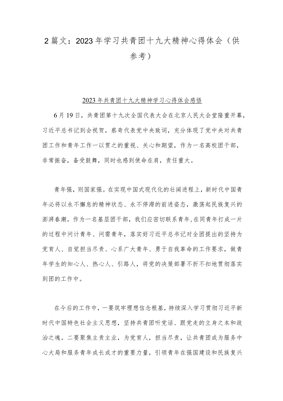 2篇文：2023年学习共青团十九大精神心得体会（供参考）.docx_第1页