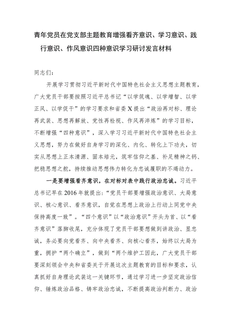 青年党员在党支部主题教育增强看齐意识、学习意识、践行意识、作风意识四种意识学习研讨发言材料.docx_第1页