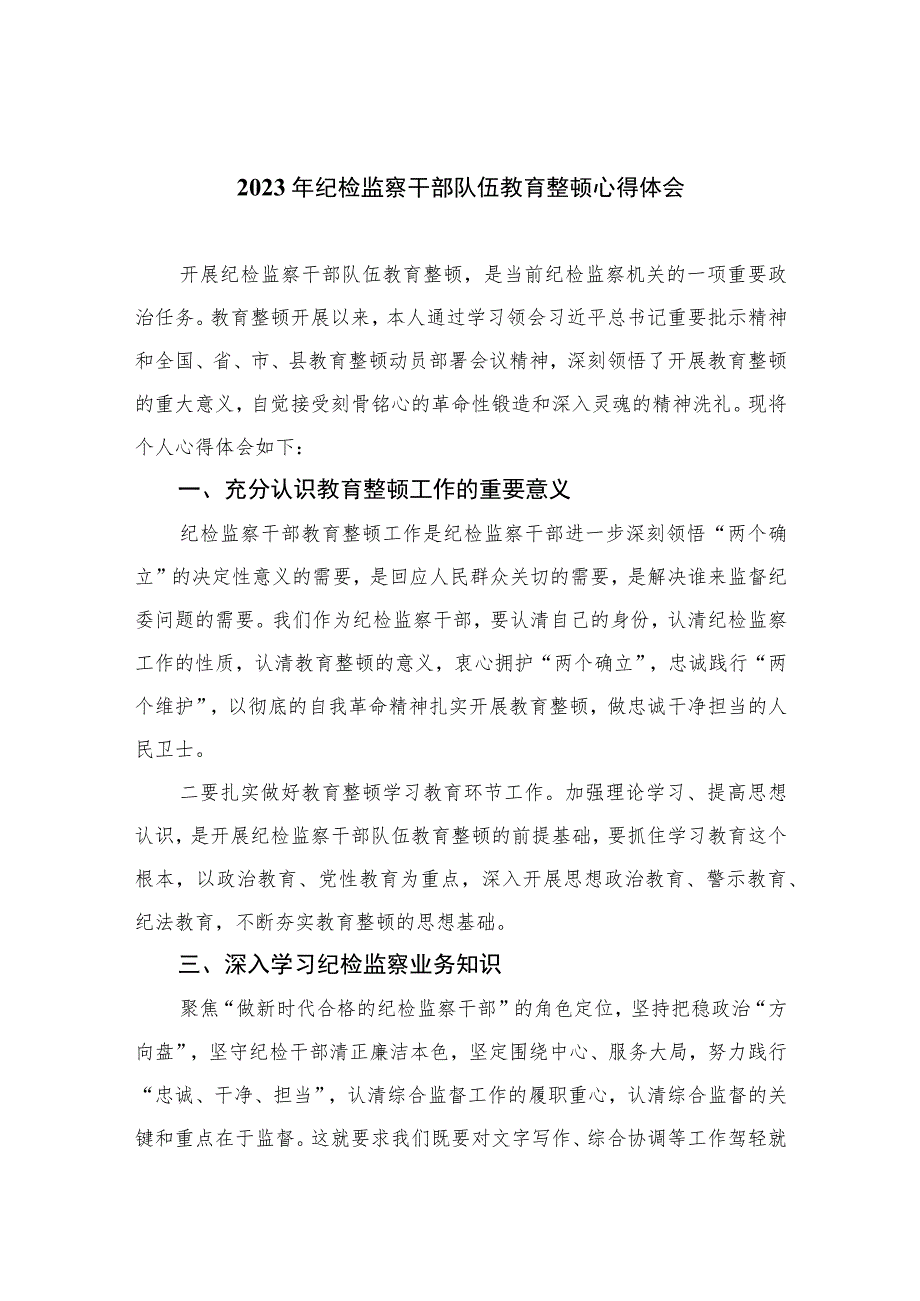 2023年纪检监察干部队伍教育整顿心得体会最新精选版【10篇】范文.docx_第1页