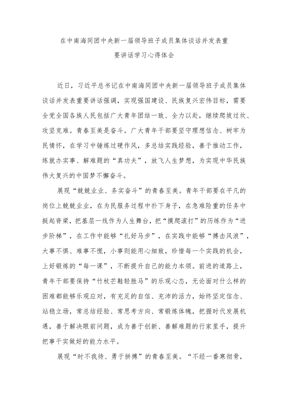 在中南海同团中央新一届领导班子成员集体谈话并发表重要讲话学习心得体会3篇.docx_第3页