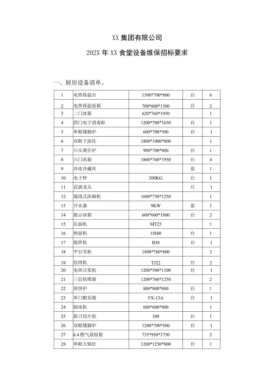 XX集团有限公司202X年XX食堂设备维保招标要求.docx_第1页