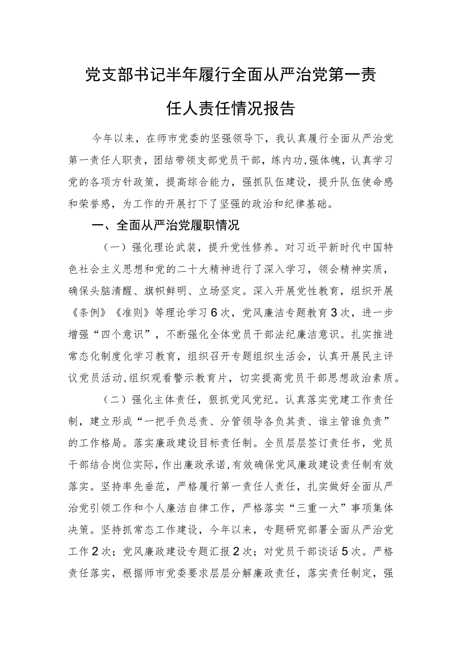 党支部书记半年履行全面从严治党第一责任人责任情况报告.docx_第1页