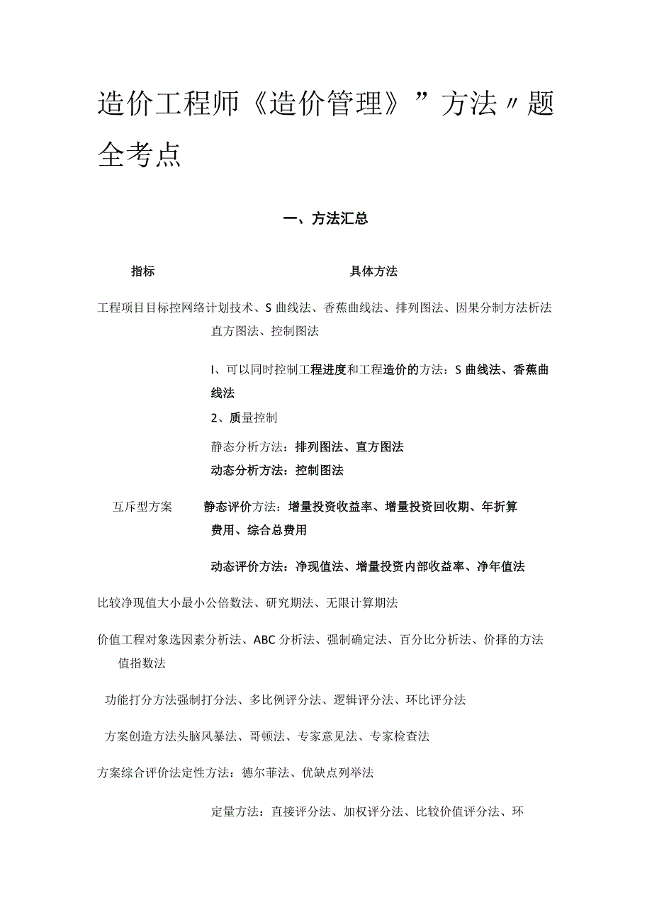 造价工程师《造价管理》“方法”题全考点.docx_第1页