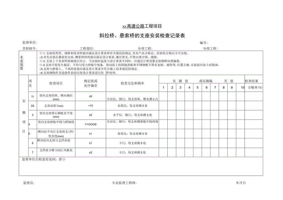 斜拉桥、悬索桥的支座安装检查记录表.docx_第1页