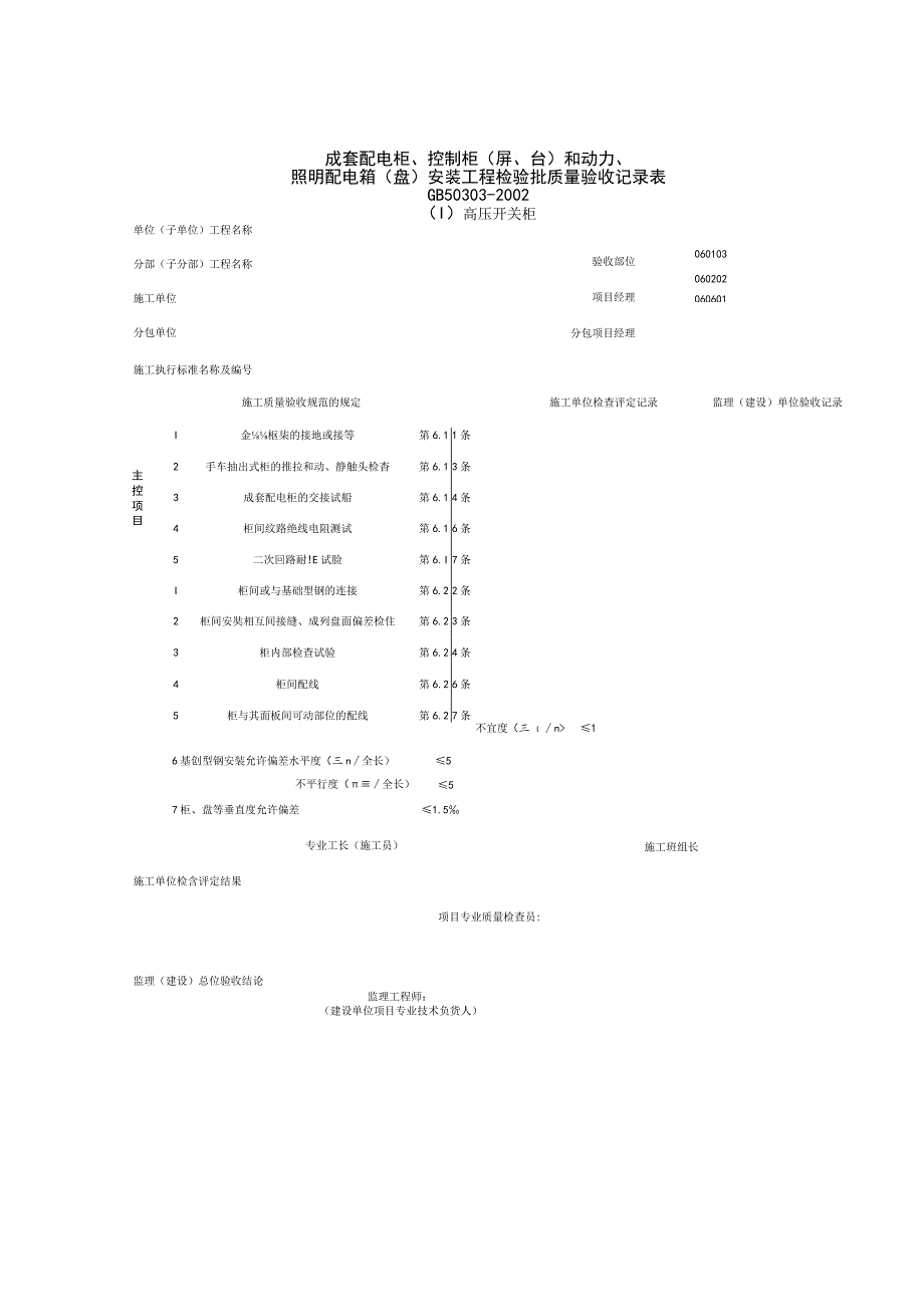 成套配电柜、控制柜(屏、台)和动力、照明配电箱(盘)安装工程检验批质量验收记录表.docx_第1页