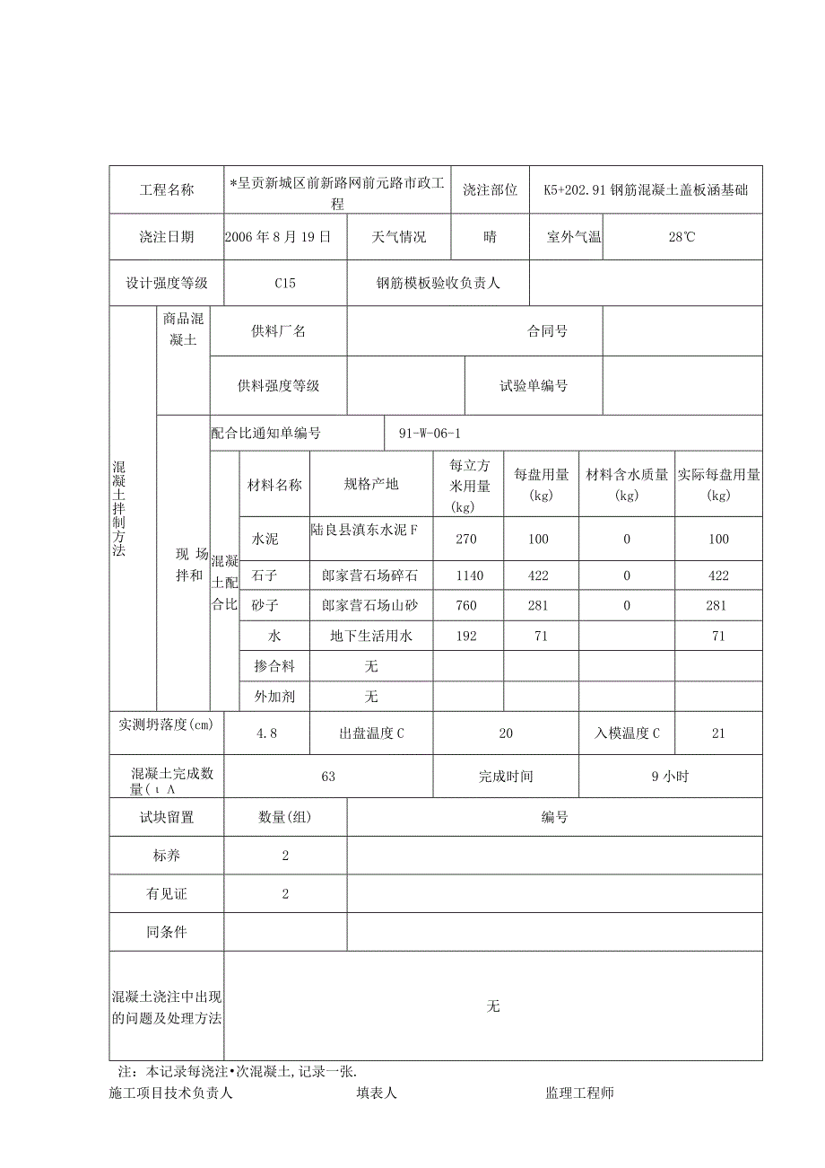 混凝土浇注记录复件工程文档范本.docx_第1页