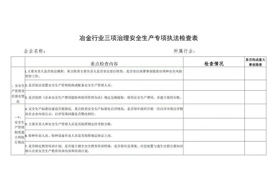 冶金行业三项治理安全生产专项执法检查表.docx_第1页