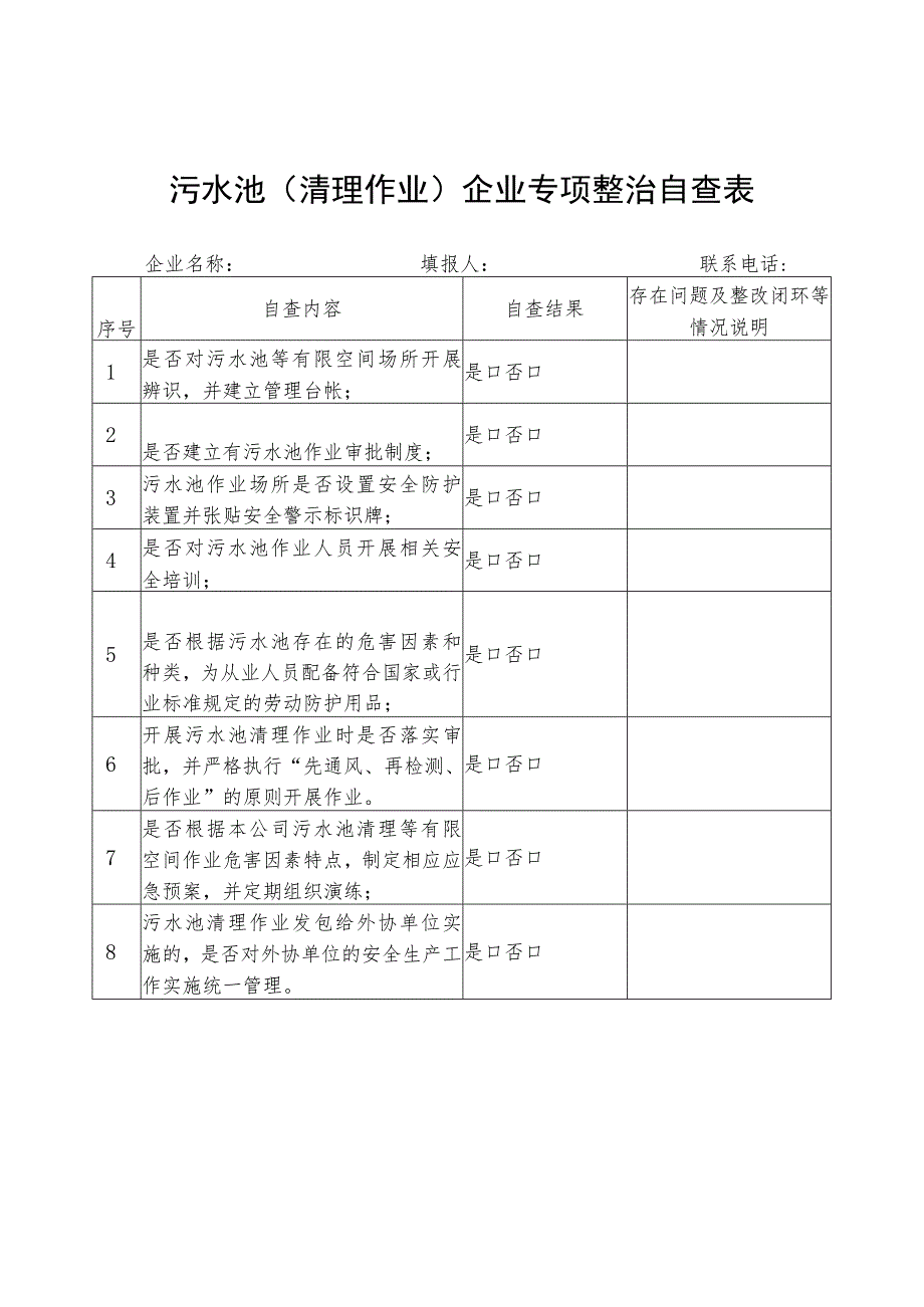 污水池（清理作业）企业专项整治自查表.docx_第1页