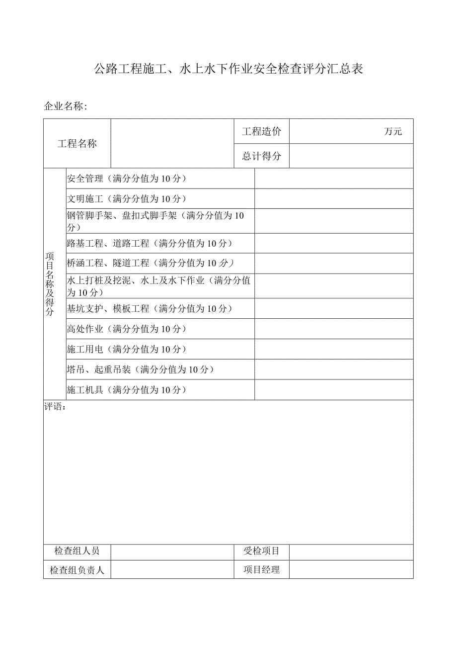 公路工程施工、水上水下作业安全检查评分汇总表.docx_第1页