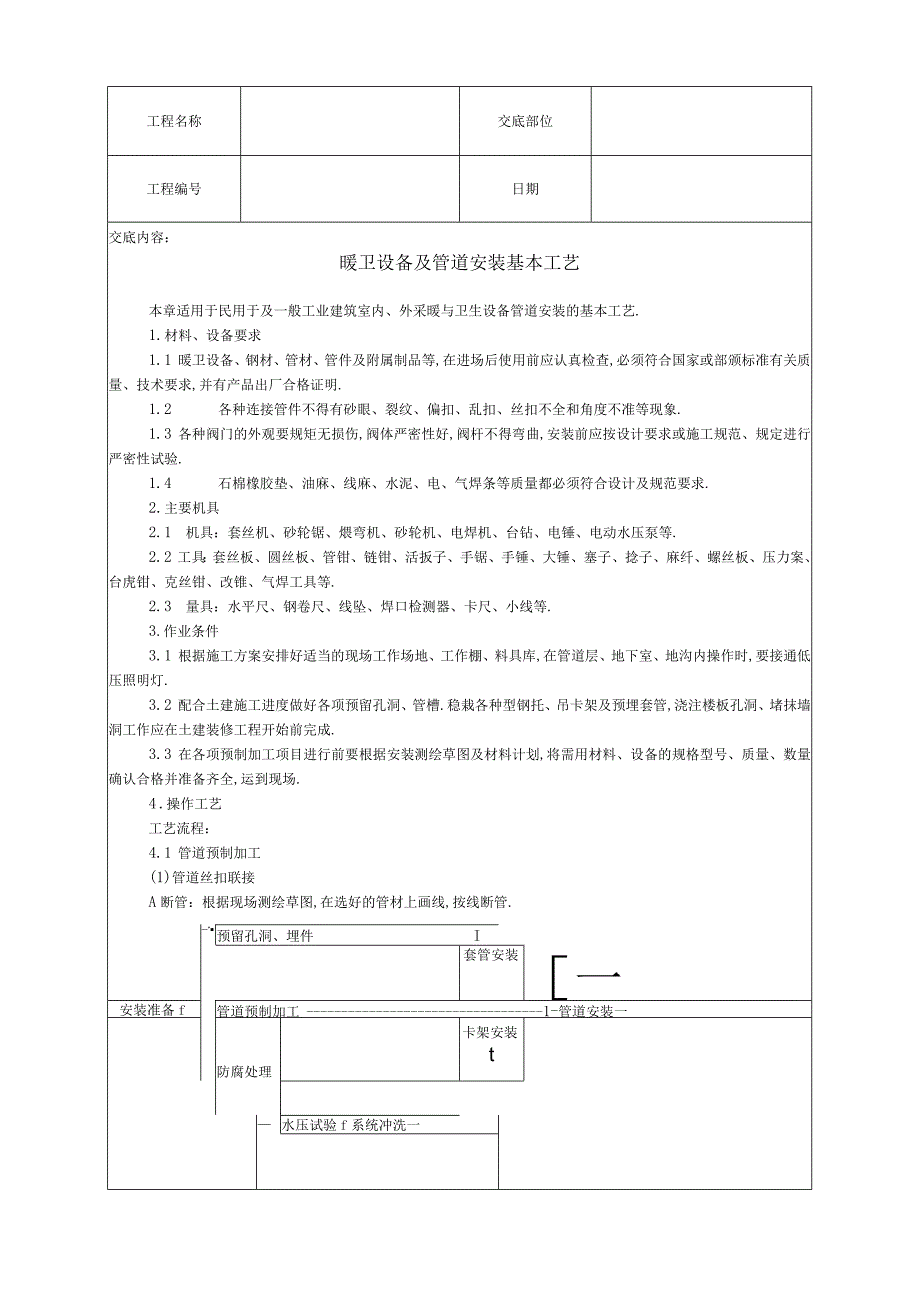 暖卫设备及管道安装基本工艺技术交底工程文档范本.docx_第1页