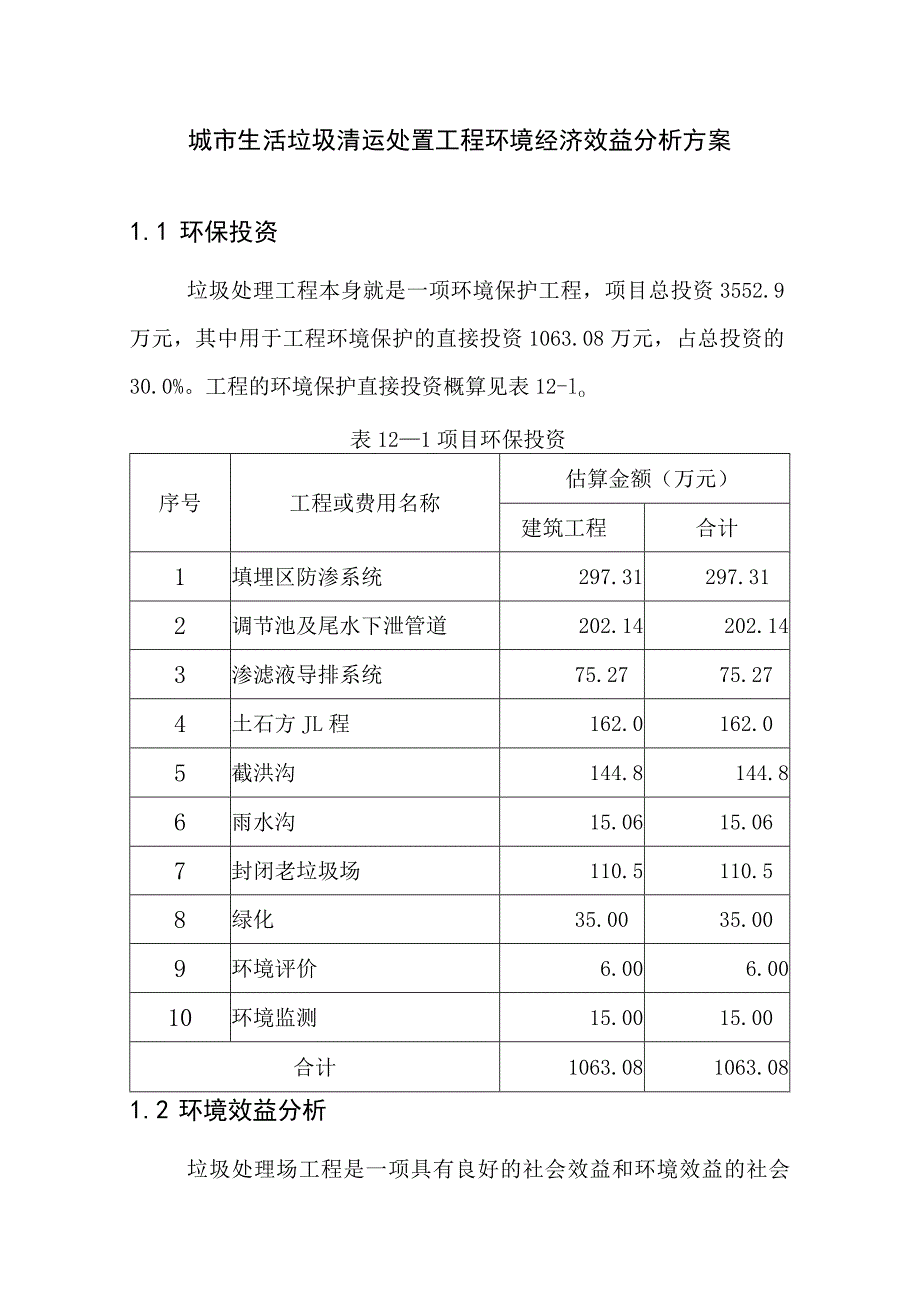 城市生活垃圾清运处置工程环境经济效益分析方案.docx_第1页