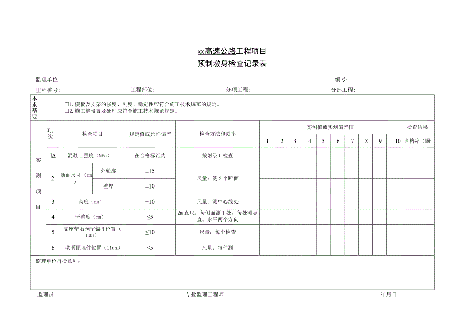 预制墩身检查记录表.docx_第1页