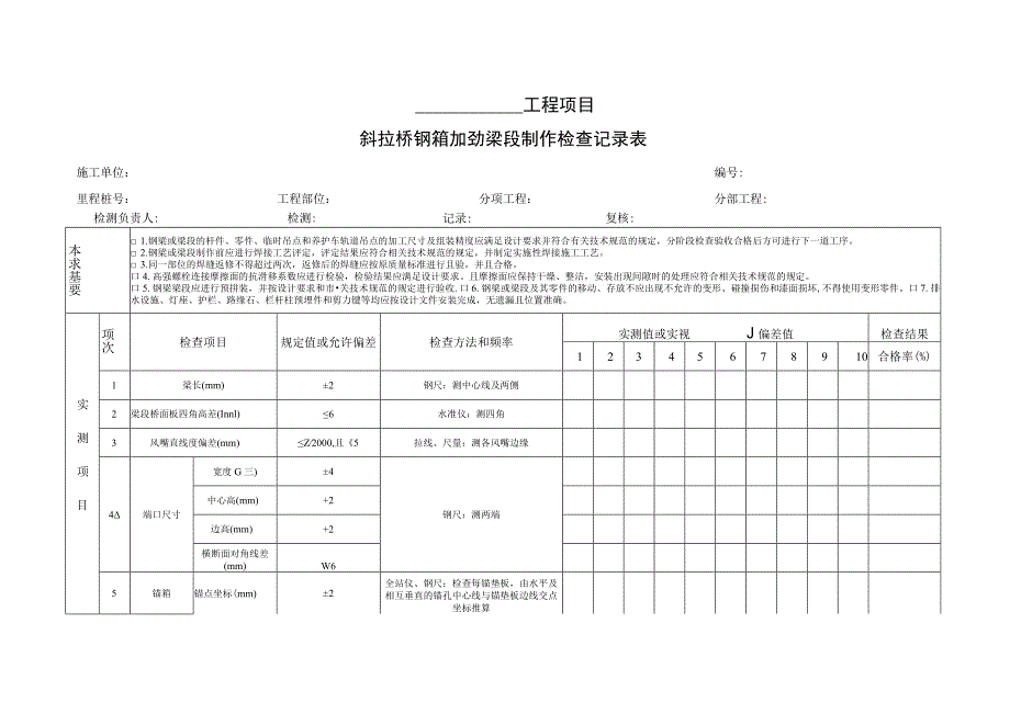 斜拉桥钢箱加劲梁段制作检查记录表.docx_第1页