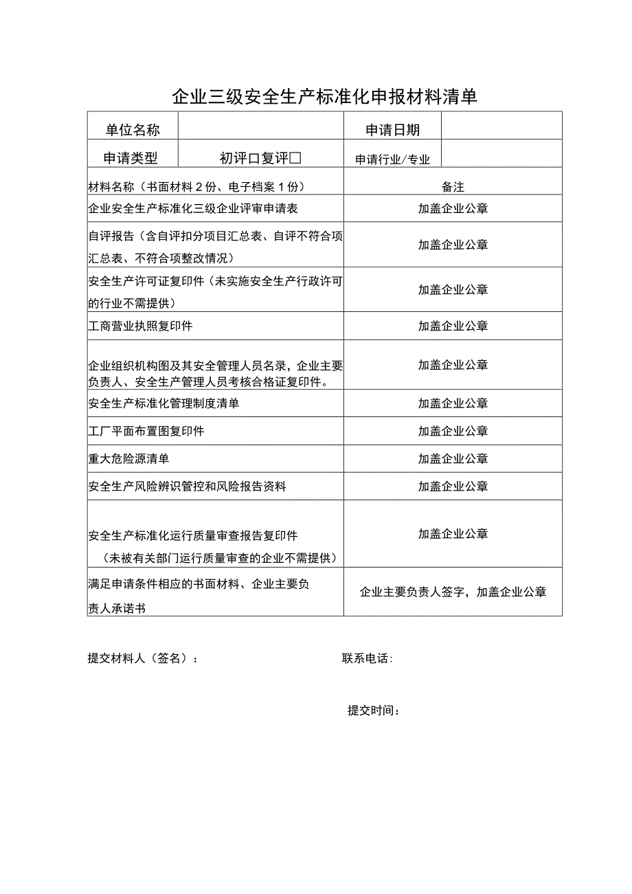 企业三级安全生产标准化申报材料清单.docx_第1页