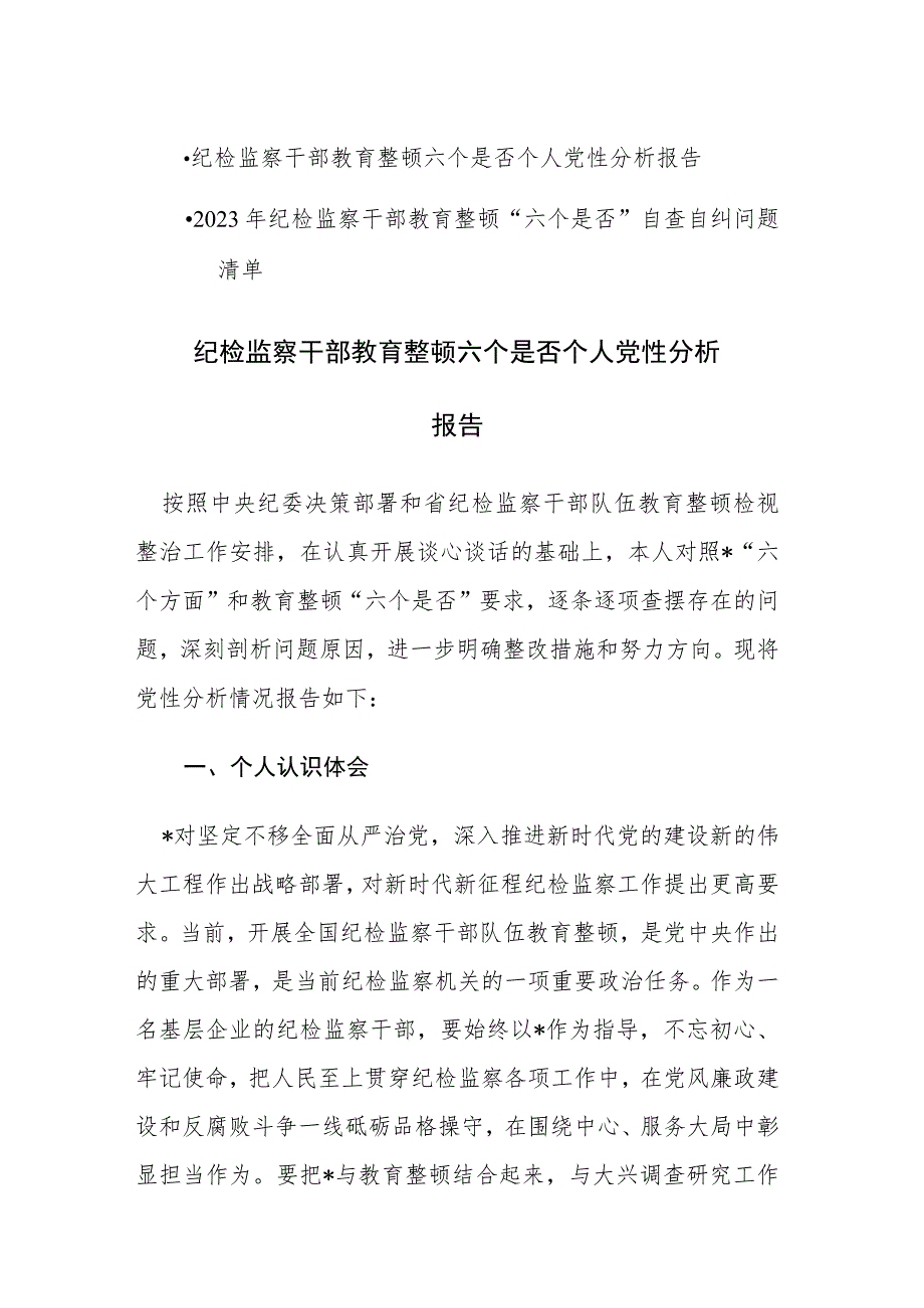 两篇：纪检监察干部教育整顿六个是否个人党性分析报告和自查自纠问题清单范文.docx_第1页