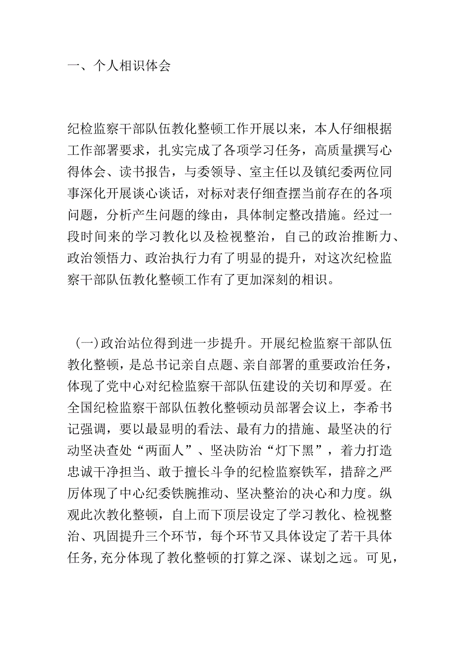 XX纪委书记在教育整顿党性分析、问题剖析、整改报告体会.docx_第1页