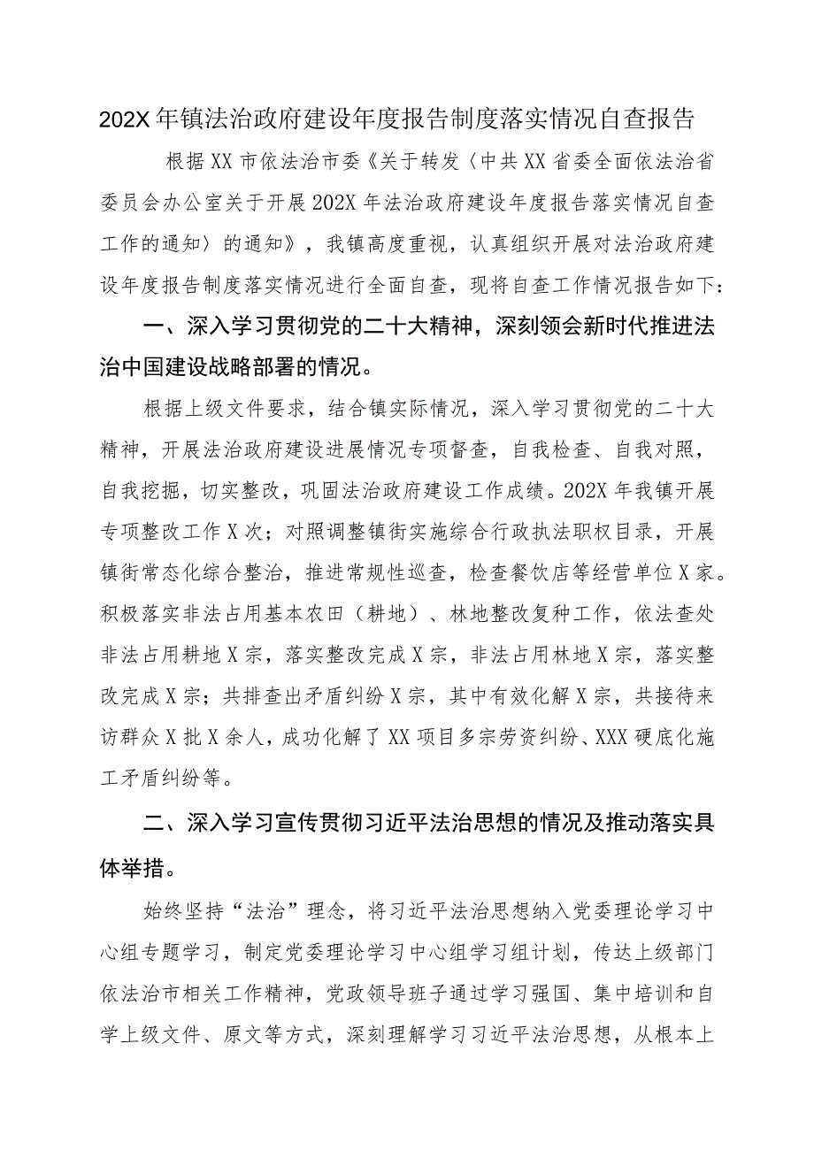 202X年镇法治政府建设年度报告制度落实情况自查报告.docx_第1页