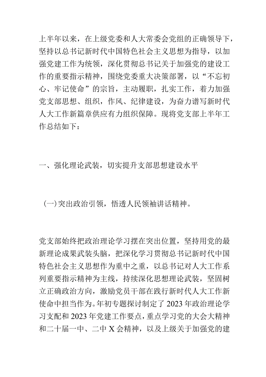 人大党支部2023年上半年基层党建工作总结和下半年工作计划.docx_第1页