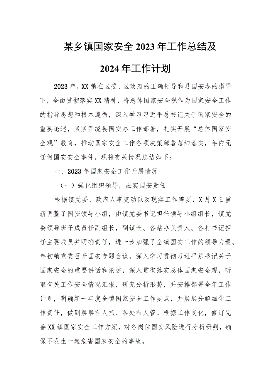 某乡镇国家安全2023年工作总结及2024年工作计划.docx_第1页