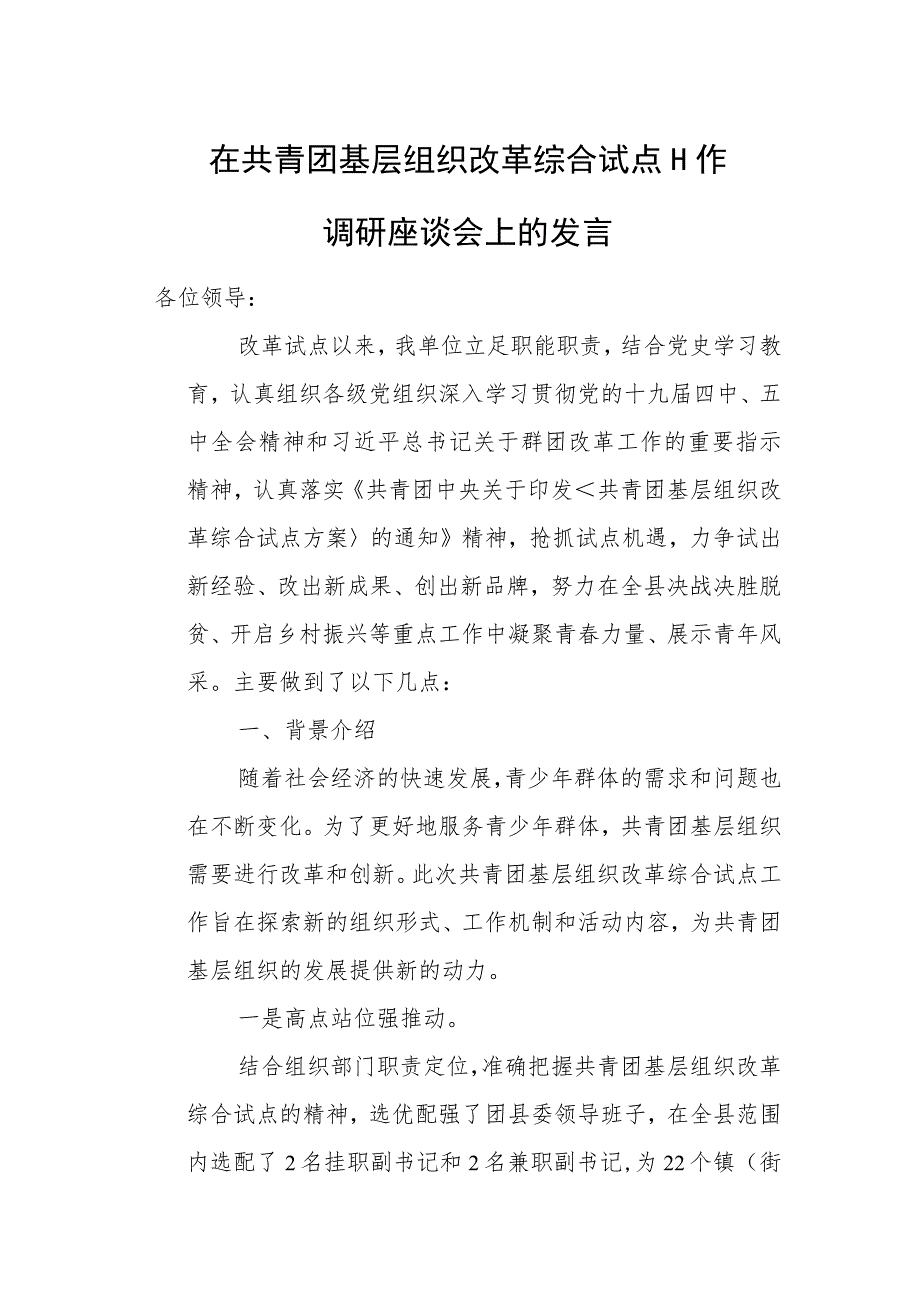 在共青团基层组织改革综合试点工作调研座谈会上的发言.docx_第1页