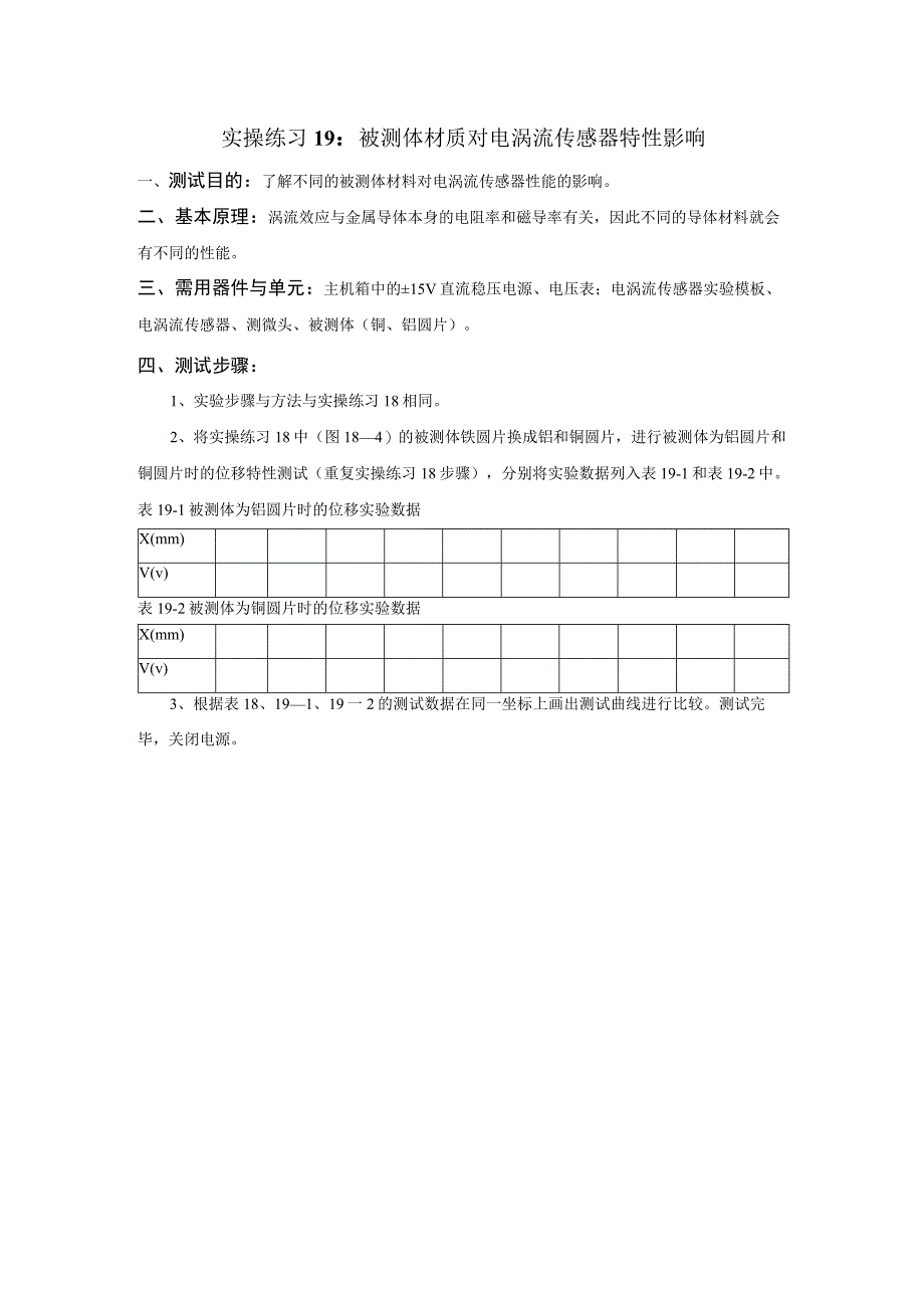 传感器应用技术实操练习19：被测体材质对电涡流传感器特性影响.docx_第1页