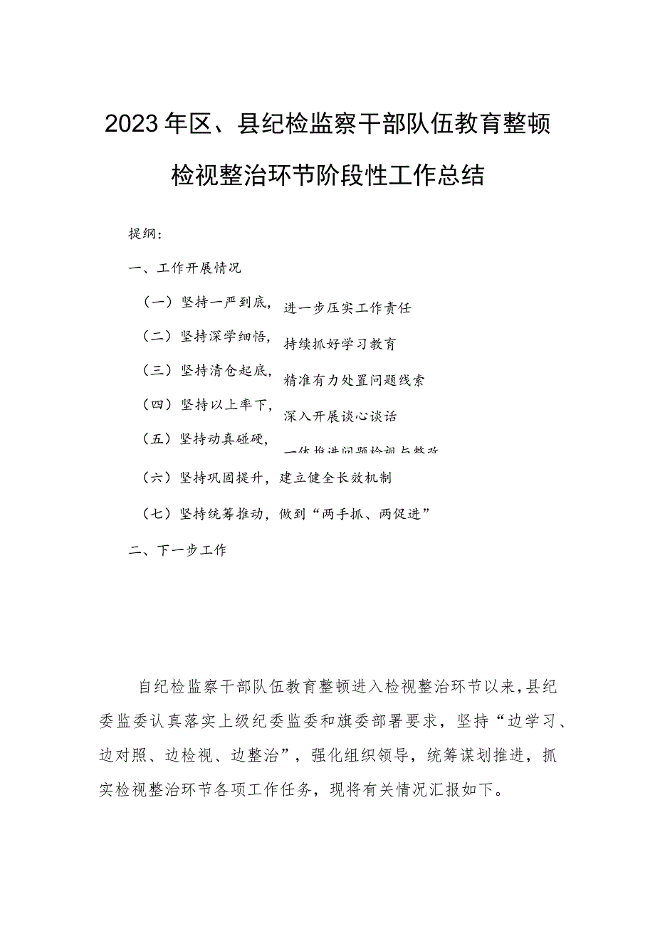 2023年区、县纪检监察干部队伍教育整顿检视整治环节阶段性工作总结.docx_第1页