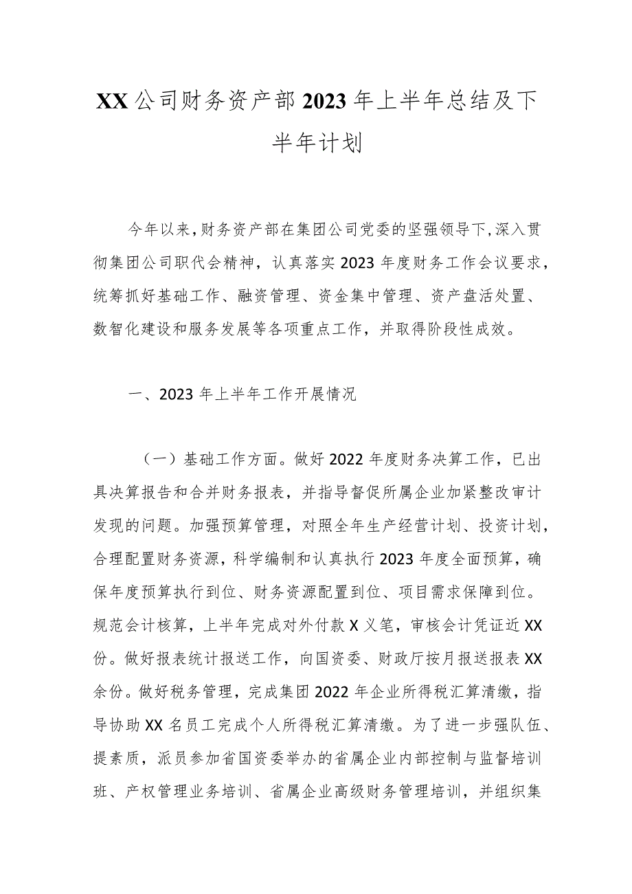 XX公司财务资产部2023年上半年总结及下半年计划.docx_第1页