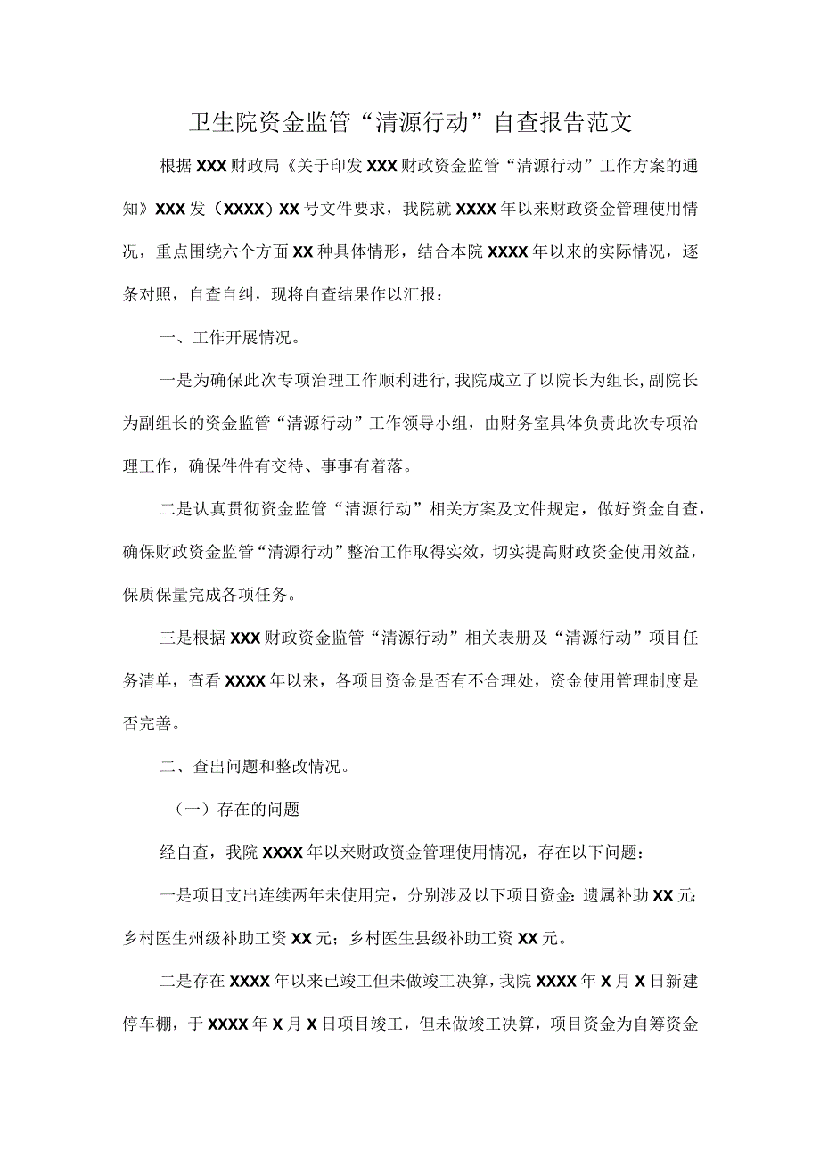 卫生院资金监管“清源行动”自查报告范文.docx_第1页