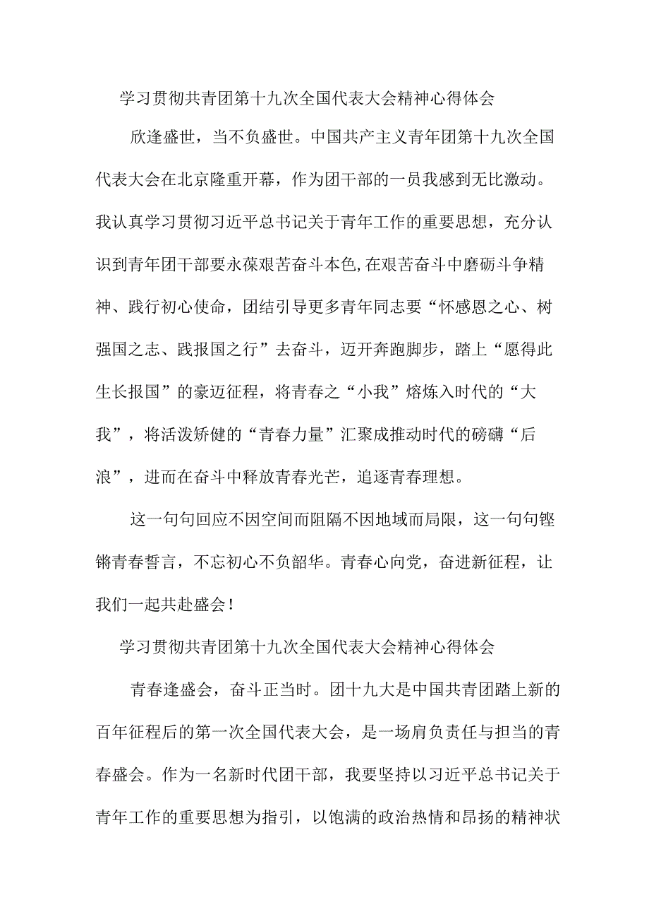 中小学教师学习贯彻共青团第十九次全国代表大会精神个人心得体会 （7份）.docx_第1页