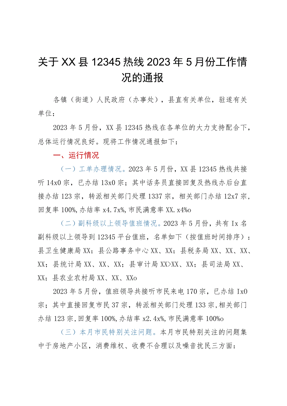 关于XX县12345热线2023年5月份工作情况的通报.docx_第1页