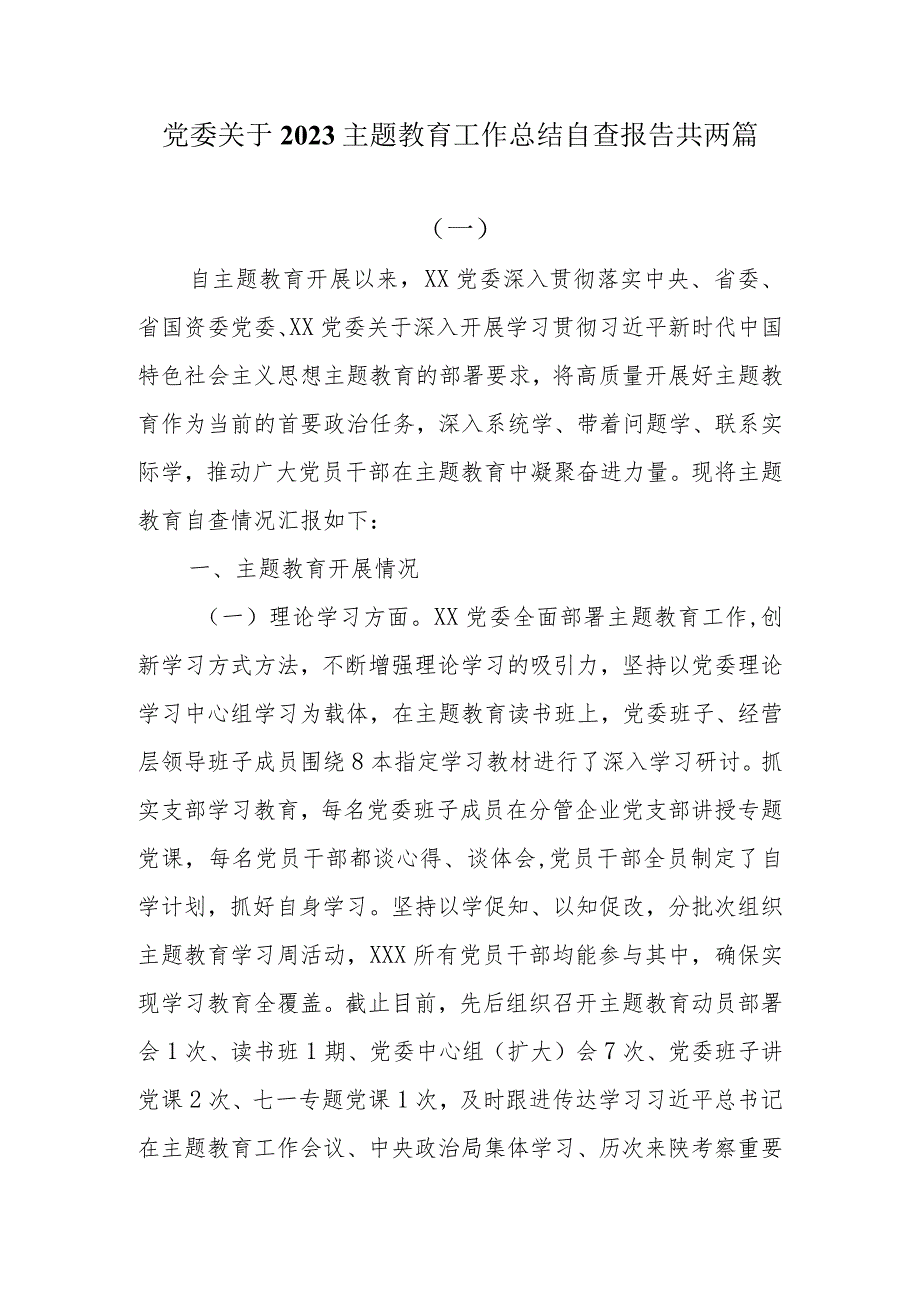 党委关于2023主题教育工作总结自查报告共两篇.docx_第1页