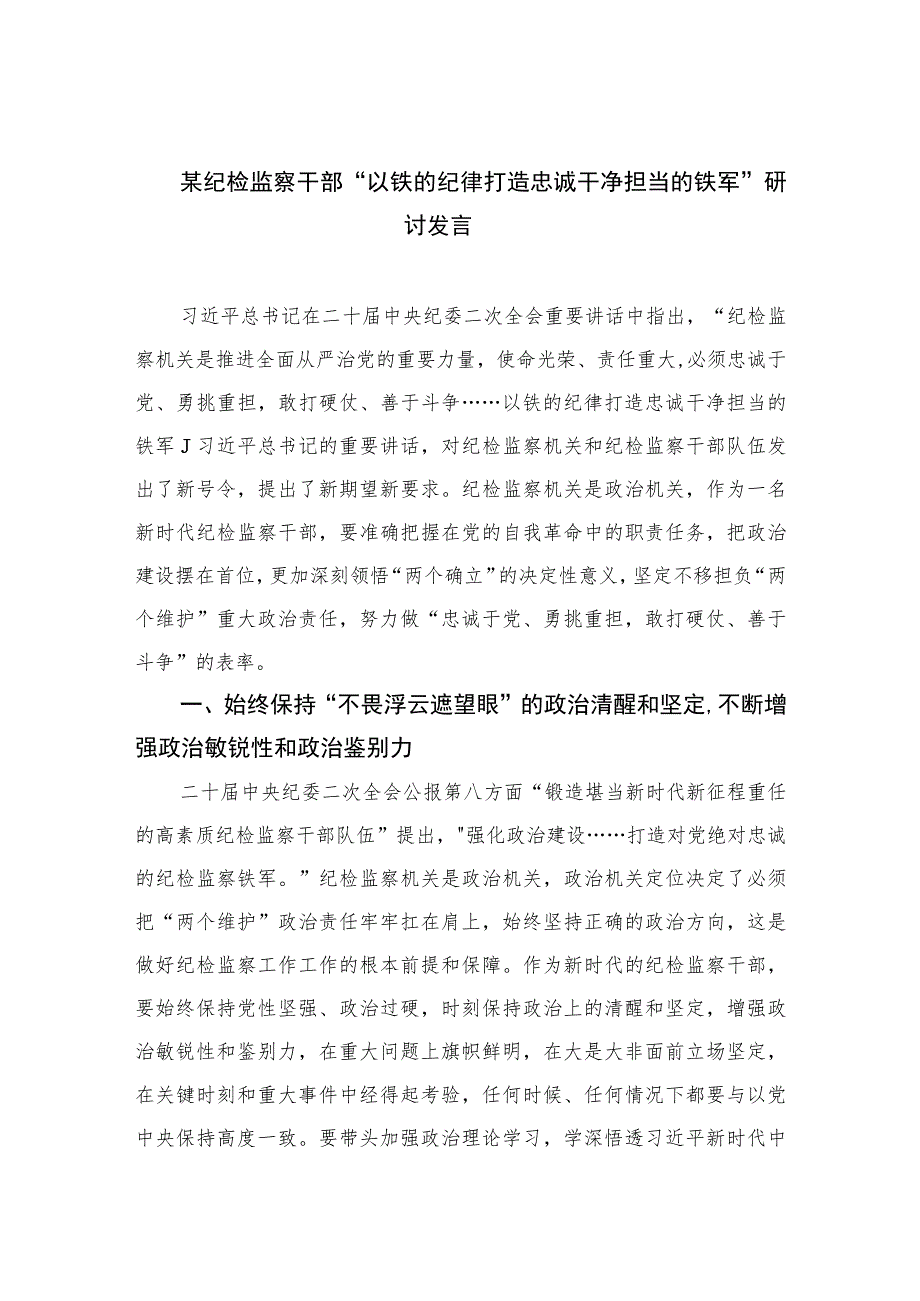 2023某纪检监察干部“以铁的纪律打造忠诚干净担当的铁军”研讨发言范文精选三篇.docx_第1页