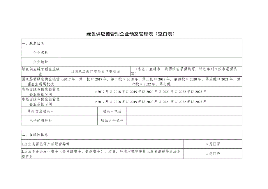 绿色供应链管理企业动态管理表空白表合规性信息.docx_第1页