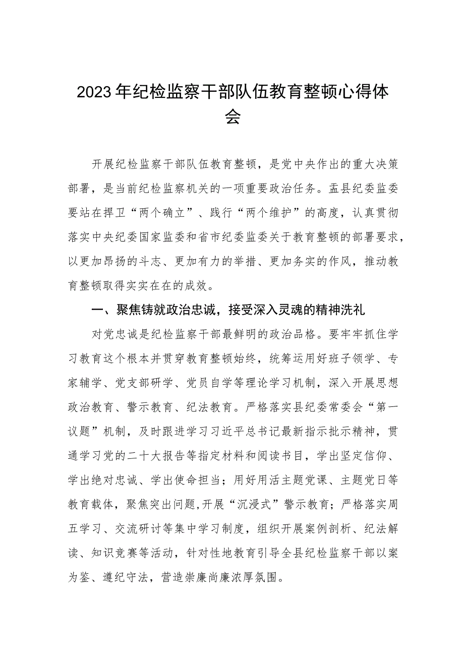 (最新版)2023年全国纪检监察干部队伍教育整顿个人心得体会两篇范文.docx_第1页