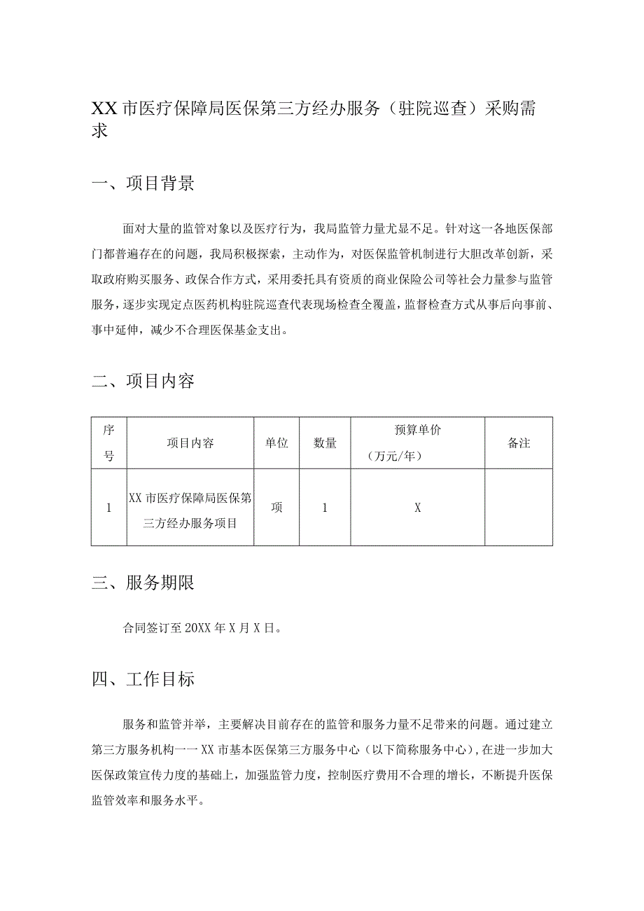 XX市医疗保障局医保第三方经办服务（驻院巡查）采购需求.docx_第1页