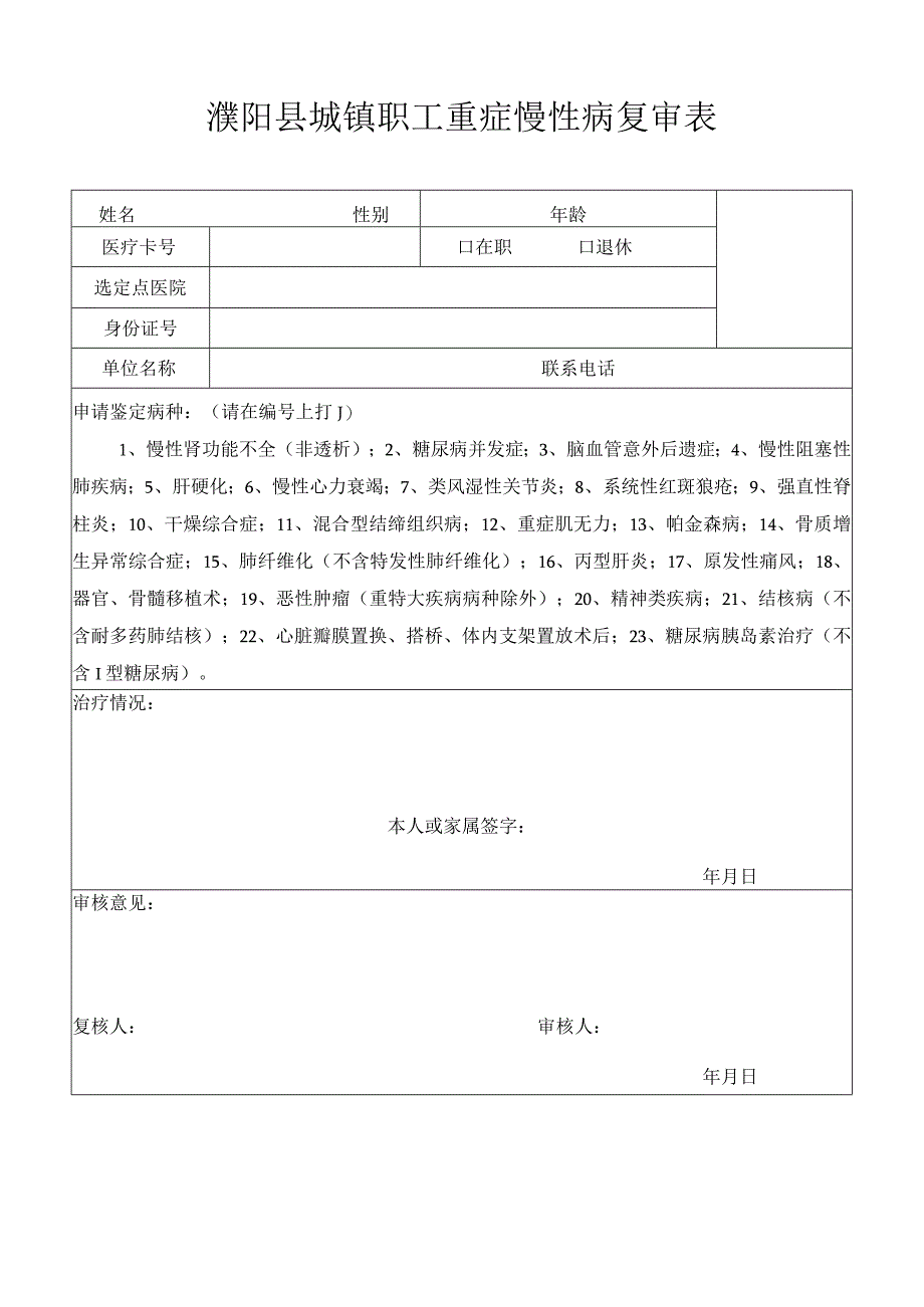 濮阳县城镇职工重症慢性病复审表.docx_第1页