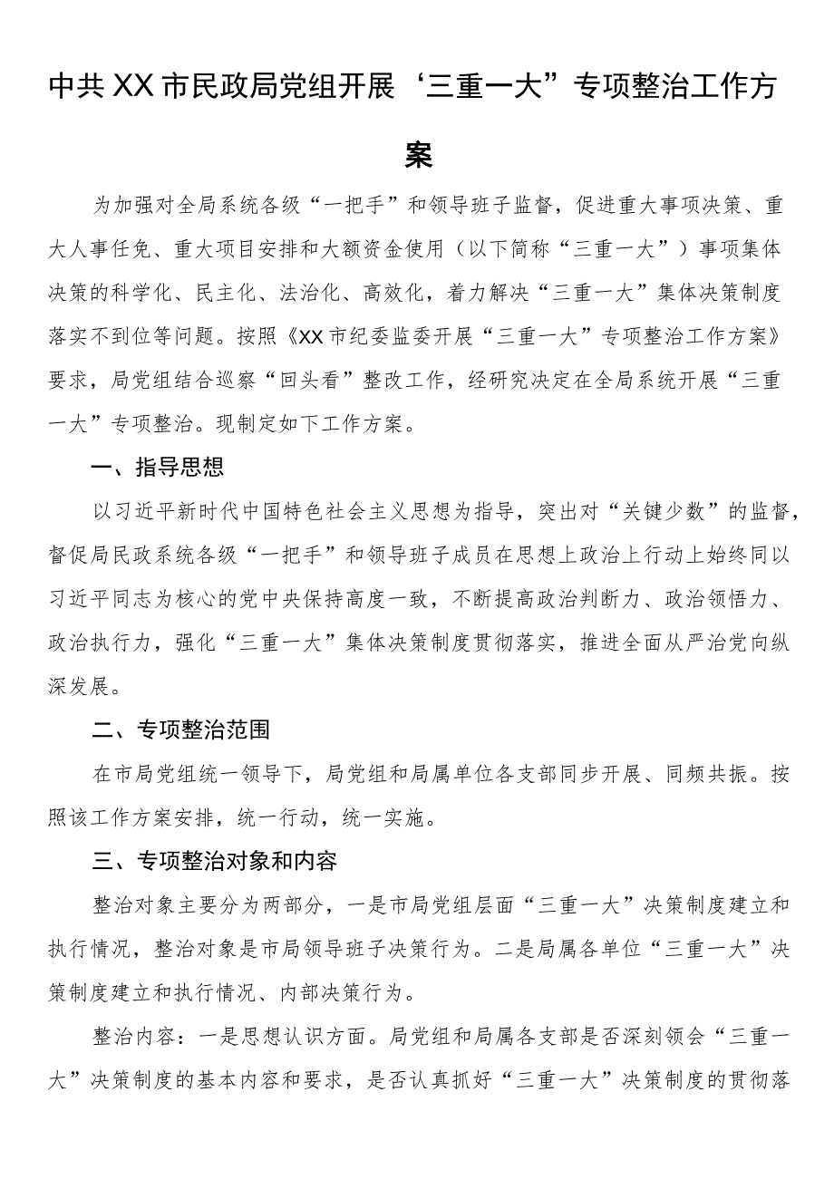 中共XX市民政局党组开展“三重一大”专项整治工作方案.docx_第1页