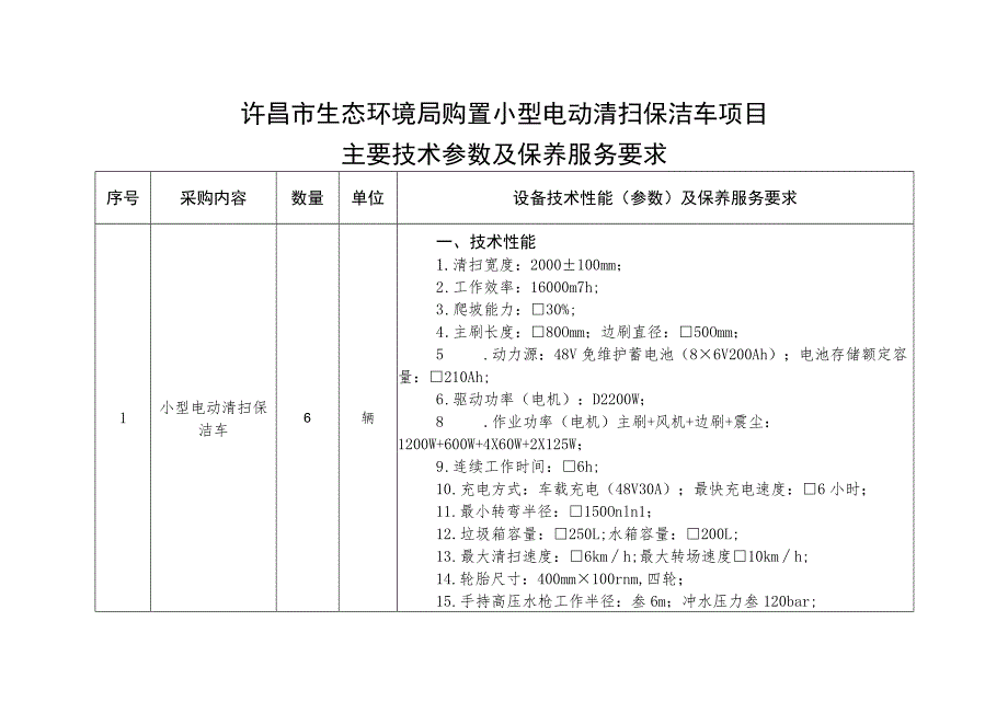 许昌市生态环境局购置小型电动清扫保洁车项目主要技术参数及保养服务要求.docx_第1页