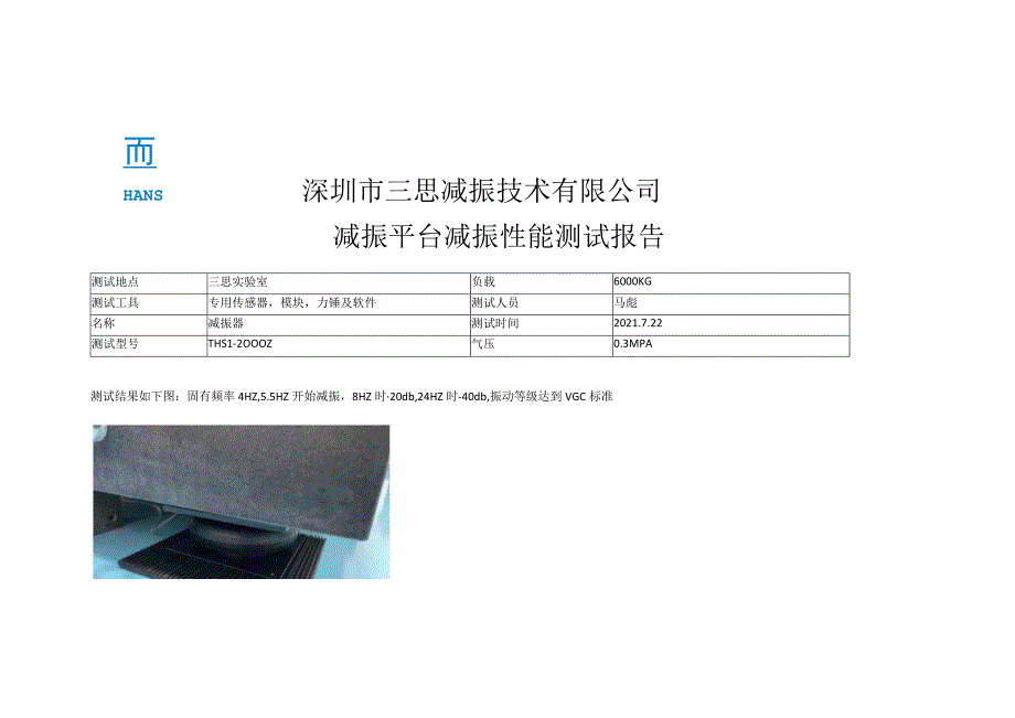 深圳市三思减振技术有限公司减振平台减振性能测试报告.docx_第1页