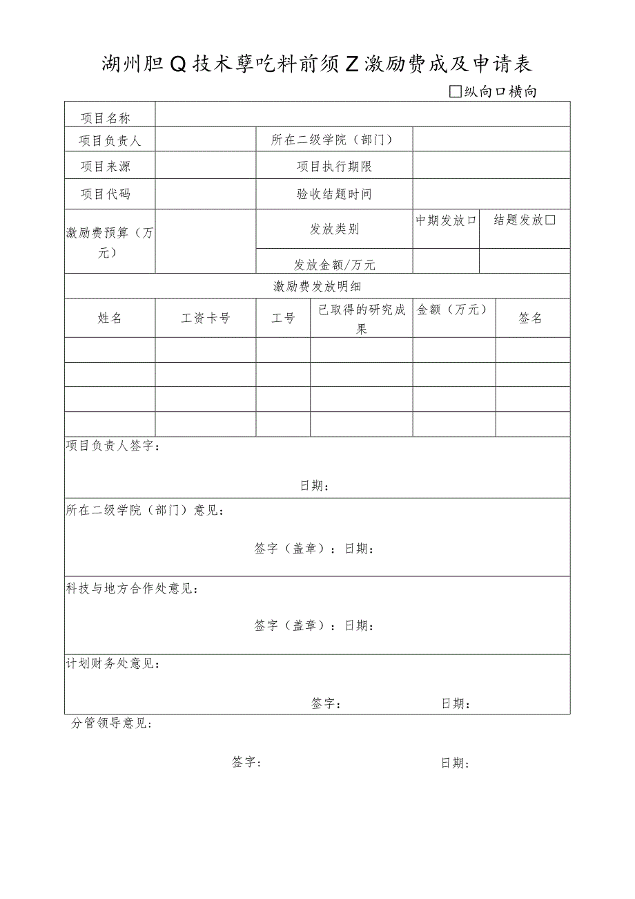 湖州职业技术学院科研项目激励费发放申请表.docx_第1页