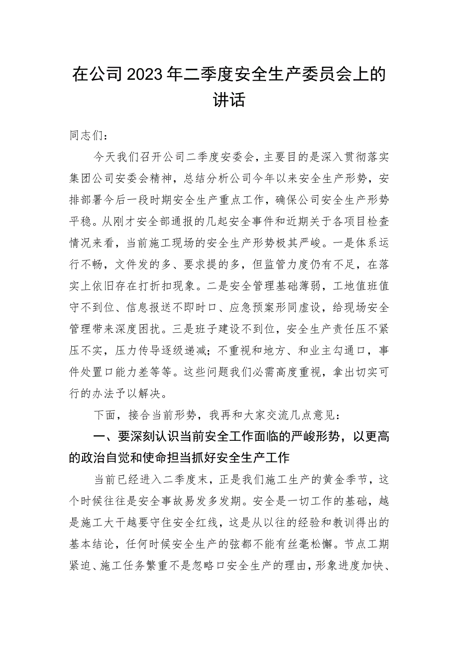 在公司2023年二季度安全生产委员会上的讲话.docx_第1页