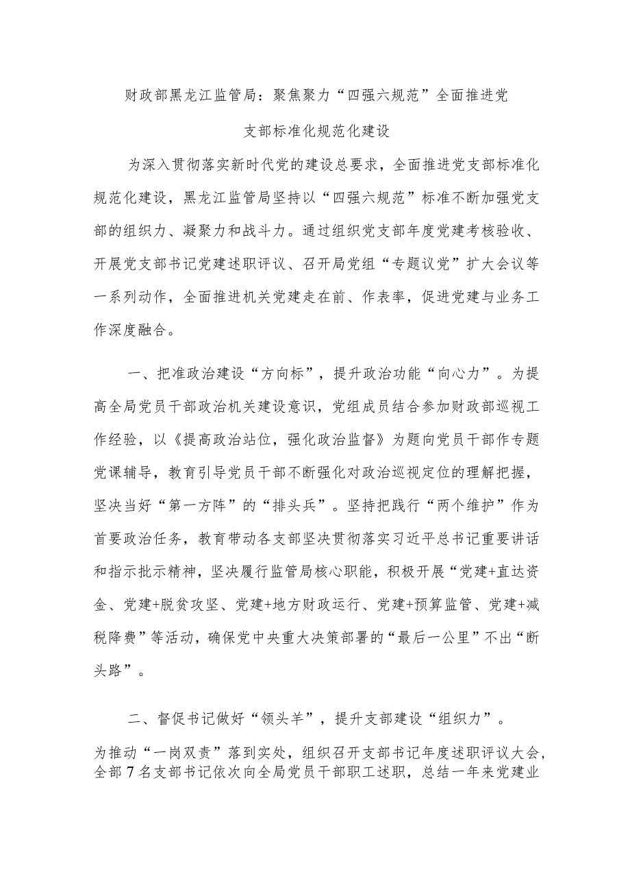 财政部黑龙江监管局：聚焦聚力“四强六规范”全面推进党支部标准化规范化建设.docx_第1页