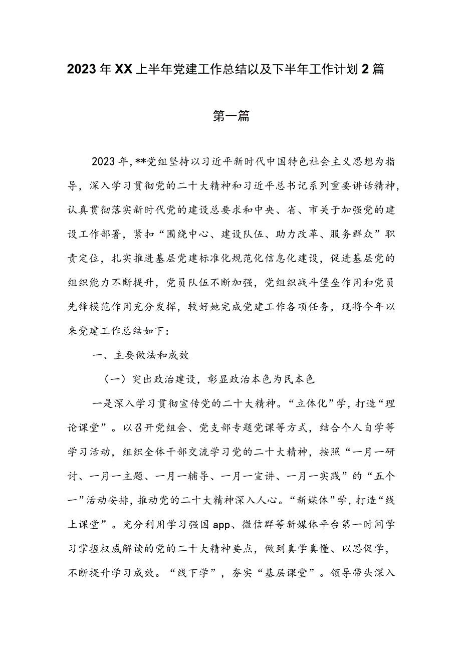 2023年XX上半年党建工作总结以及下半年工作计划2篇.docx_第1页