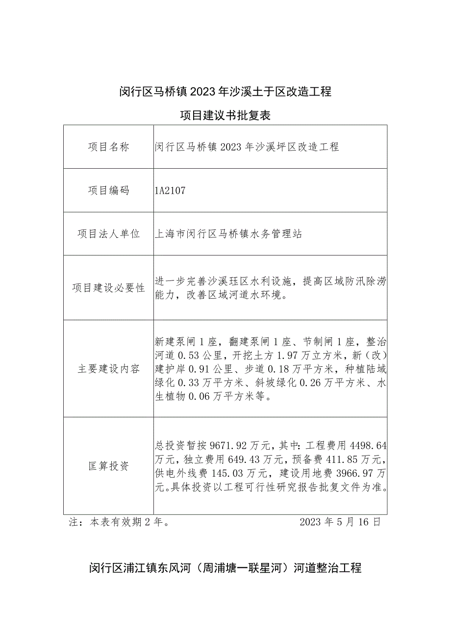 闵行区马桥镇2023年沙溪圩区改造工程项目建议书批复表.docx_第1页