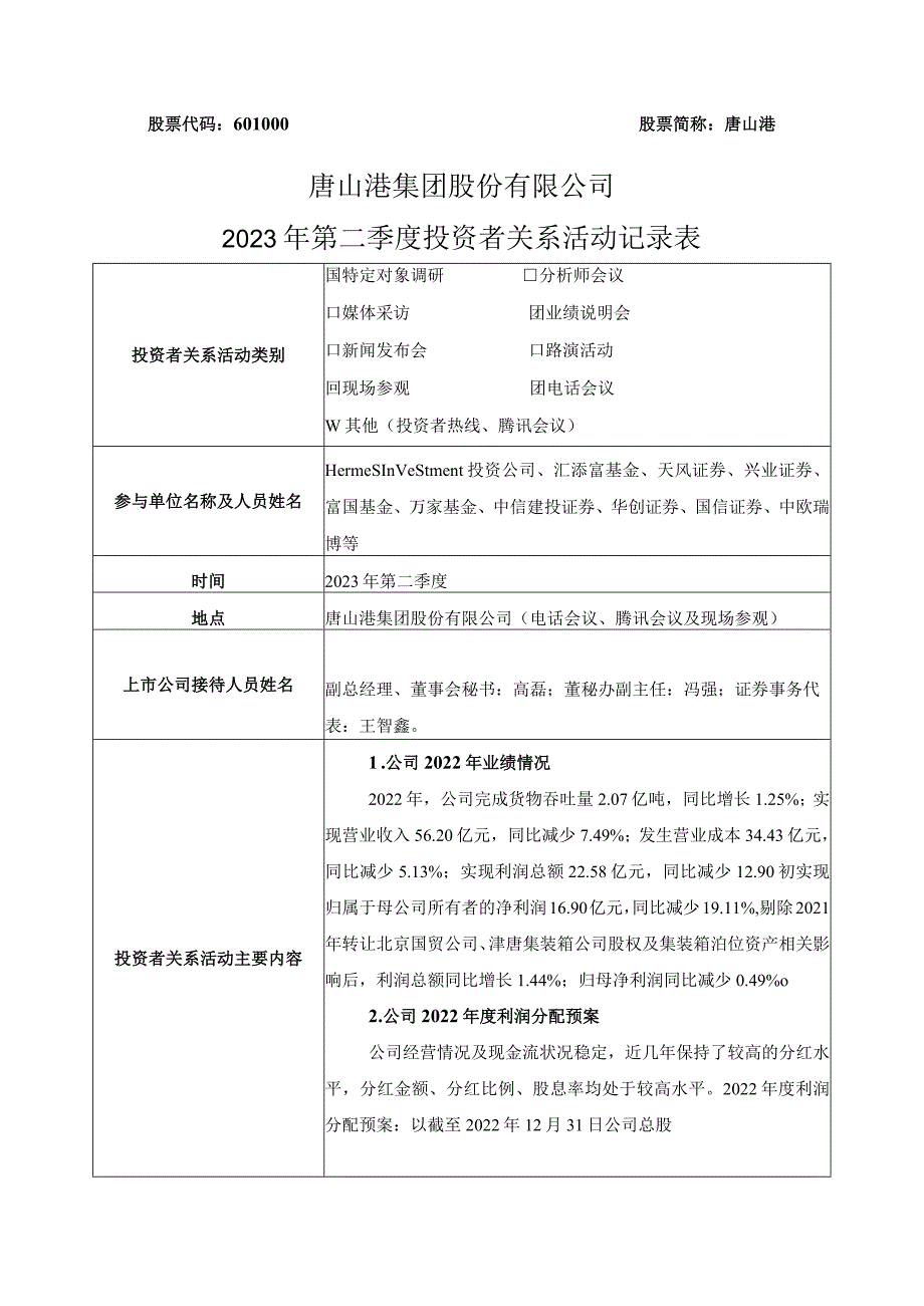 股票代码601000股票简称唐山港唐山港集团股份有限公司2023年第二季度投资者关系活动记录表.docx_第1页