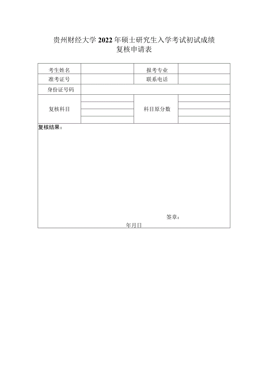 贵州财经大学2022年硕士研究生入学考试初试成绩复核申请表.docx_第1页