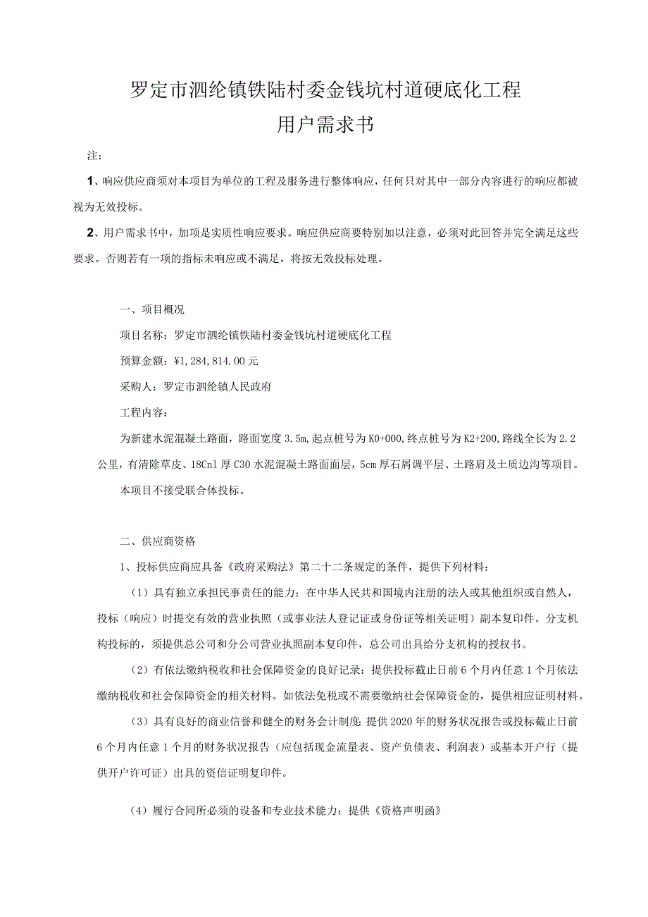 罗定市泗纶镇铁陆村委金钱坑村道硬底化工程用户需求书.docx_第1页